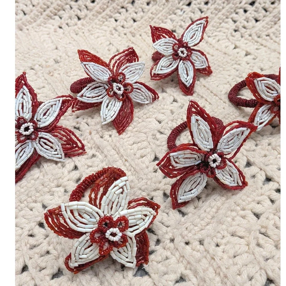 Vintage Red White Beaded Flower Napkin Rings Set 6 Floral Table Decor Handmade